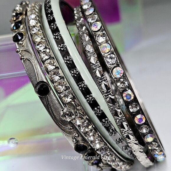 Celestial Collection Bangles Set Of 5 Mixed Enamel Rhinestone Sparkle Bracelets - Picture 5 of 14